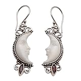 NOVICA Handmade .925 Sterling Silver Garnet Dangle Earrings Crescent Moon from Bali Red White Indonesia Sun Birthstone Bohemian [1.7 in H x 0.5 in W x 0.2 in D] 'Crescent Moons'