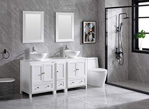 Walsport 60” White Bathroom Vanity With Sink Wood Cabinet Double Round Basin Combo Top Ceramic Vessel Sink Chrome Faucet Drain With Mirror #TOP3