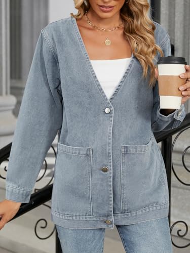 Women's Long Sleeve Denim Coat Oversized Button Down V Neck Washed Jean Jacket with Pockets2