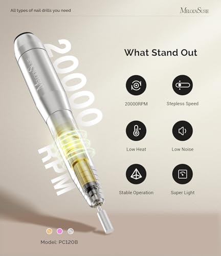 Image of MelodySusie Pen-Shaped Portable Nail Drill with AC Adapter, PC120B 20000RPM Electric File with Compact Design for All Nail Care, Manicure Polishing, Shaping & Gel Removal at Home for Beginners