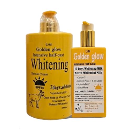 set of 2 Golden Glow Intensive Whitening Goat milk body Lotion & Golden Glow Shower Gel - Brightening and Exfoliating Cleansing, 1000ml and Lotion 500ml Hydrating with Carrot, Glutathione