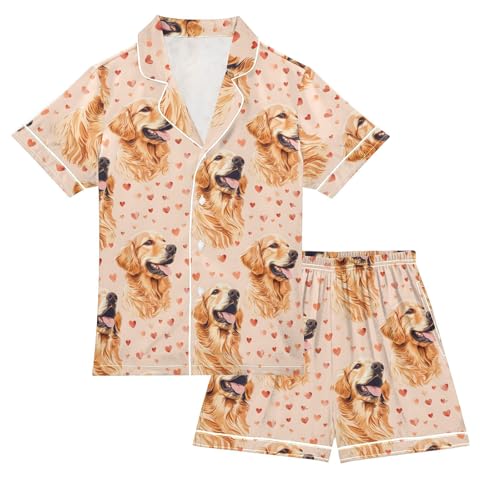 Golden Retriever Love Heart Pajamas Set Summer Button Down Sleepwear Pjs Sets Comfy Loungewear