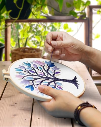 Image of TINDTOP Embroidery Kit for Adult, 3 Pack Embroidery DIY Starter Kit | with Stamped Patterns, Hoop, Tools, Colorful Threads with Needles, Instructions (Color Tree)