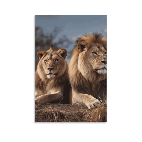 Peinture sur toile deux lions pour habiller un mur de salon vide