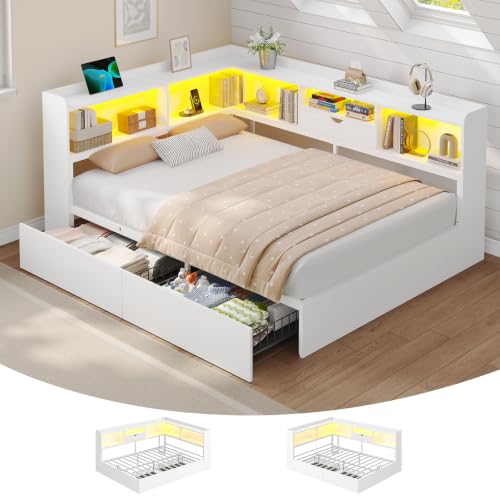 Hasuit Full Corner Bed Frame with Storage Drawers, Power Outlet, LED Lights