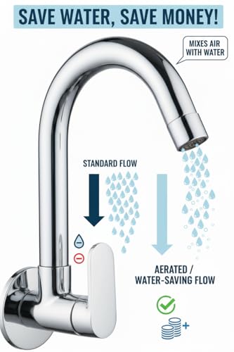 Image of Premium Wall Mounted Kitchen Sink Tap with Water Saving Aerator, Brass Body, Chrome Finish Swan Neck Faucet, Single Lever Water Tap, Rust & Corrosion Resistant for Kitchen Sink, Wash Basin