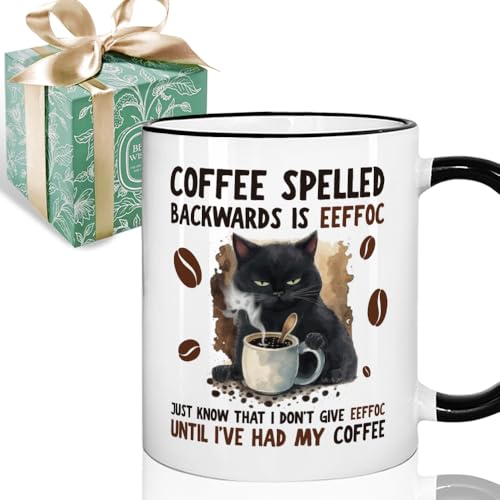 Puouoonyi Funny Mug - Coffee Spelled Backwards is Eeffoc Just Know That I Don't Give Eeffoc Until I've Had My Coffee - Funny Mug, Novelty Black Cat Mug Gift for Women Men Boss Coworkers Friends