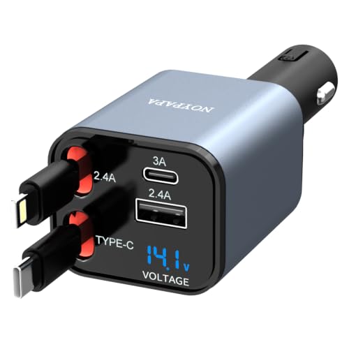 NOYPAPA Retractable Car Charger, 75W Car Phone Charger with Cables Fast Charging, USB C Car Charger Adapter for iPhone 17 16 15 14 13 12, Samsung, Black