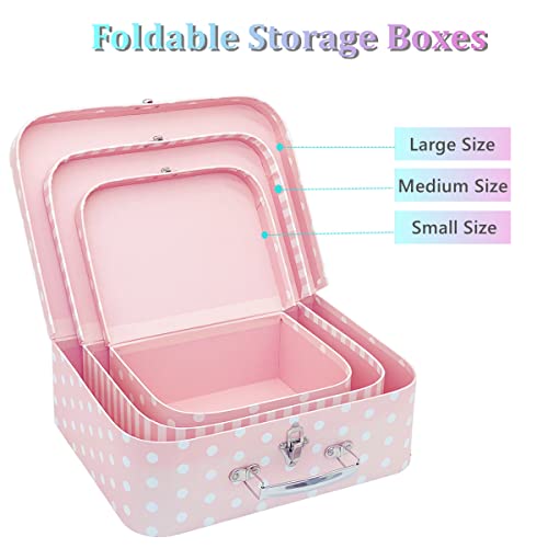 Amedoo Paperboard Suitcases Decorative Box Mini Suitcases Set Of 3 For Barbie Storage, Doll Clothes, Toys, Photos, Hair Accessories, Ribbon, Stackable Cute Storage Boxes Nesting Pink Gift Boxes Decorative Boxes For Home Decoration, Wedding, Birthday, Mothers' Day Girls Kids (Pink Dots And Strips) #TOP3