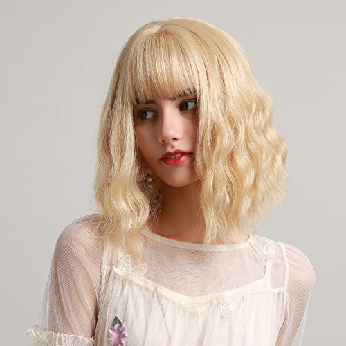 Bozony 38 cm peruca de cabelo curto sexy peruca de cabelo loiro ondulado com franja resistente ao ca