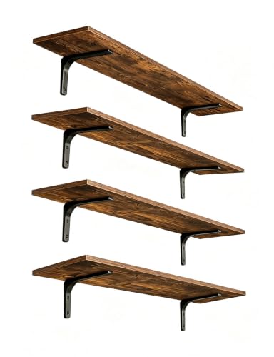 DINZI LVJ Long Wall Shelves, 39.4Inch Wall Mounted Shelves Set of 4, Extra Large Floating Storage Ledges with Sturdy Metal Brackets for Living Room, Bathroom, Bedroom, Kitchen, Rustic Brown