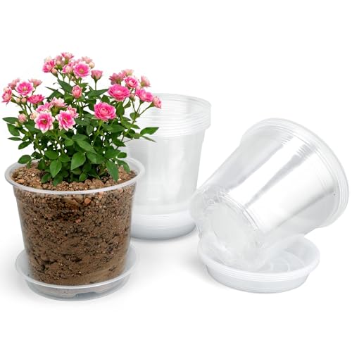 DUNPUTE 20 Pack 6 Inch Clear Nursery Pots with Drainage and Saucer, Clear Plastic Planter Pots for Plants, Flexible Seed Starting Pots for Succulents, Small Herbs, Annual Flowers (6 Inch)