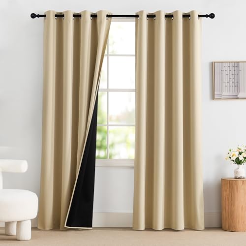 PONY DANCE Rideau Occultant Bloquer Lumiere - Rideau Salon Thermiques Phonique Anti Bruit avec Œillets Décoration pour Salon Chambre Maison, Jaune Beige, L...