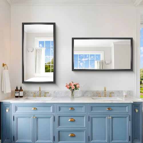 Image of Bathroom Mirror, 20 x 36 inch Brushed Black Rectangle Mirror, 0.6 inch Thickened Deep Metal Frame Rectangular Vanity Mirror, Wall Mounted Mirror for Bedroom Living Room, Horizontal or Vertical