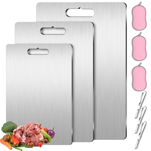 Bafeil Set di 3 taglieri in titanio in acciaio inox, con spugna e pelapatate, senza BPA, antibatterico, ideale per cucina, carne, pane, verdure e frutta