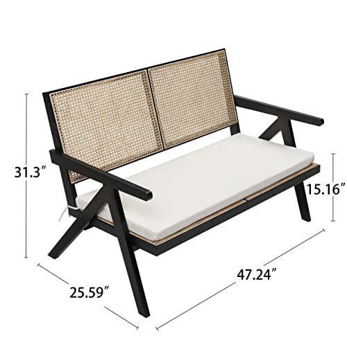Rarzoe Rattan Patio Loveseat Bench With Cane Back & Solid Wood Base, Modern Upholstered Rattan Patio Outdoor Bench Sofa With Removable Cushions For Living Room Garden Patio Porch, Black #TOP1