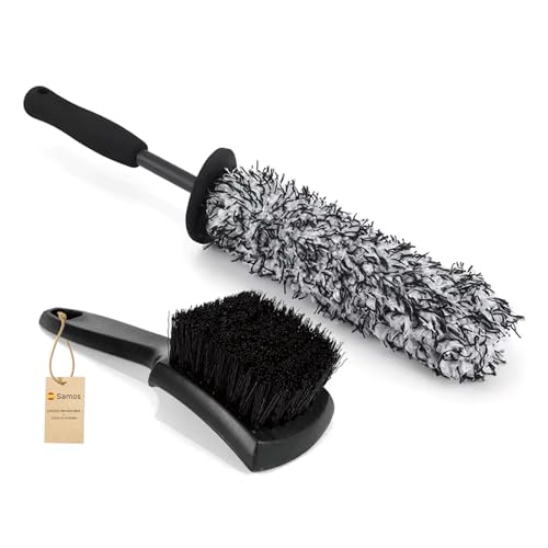 Samos® Cepillo Limpia Llantas Coche y Cepillo Limpiador de neumatico | Kit Limpieza de Ruedas Completo con Limpia Llantas, Limpiador de neumáticos