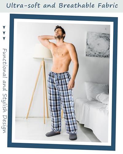 6 Pack Men's Pajama Pants Ultra Lightweight Plaid Bottoms Sleep Pant Cotton Sleepwear with Pocket Drawstring3