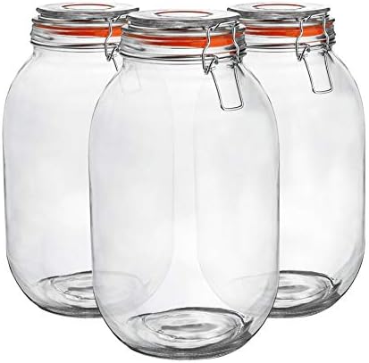 Argon Tableware 3x 3000ml (3 Litre) Clear Glass Storage Jars with Orange Airtight Silicone Seal and Metal Clip Lids - 105.5oz Large Empty Kitchen Containers