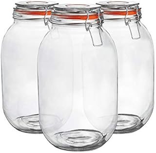 Argon Tableware 3x 3000ml (3 Litre) Clear Glass Storage Jars with Orange Airtight Silicone Seal and Metal Clip Lids - 105.5oz Large Empty Kitchen Containers