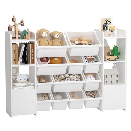 CXQ Large Toy Storage Organizer with 12 Toy Storage Bins, Toy Organizers and Storage with 6 Storage Cubbies, Kids Bookshelf, for Toddler Playroom Organization and Storage Bins (White)