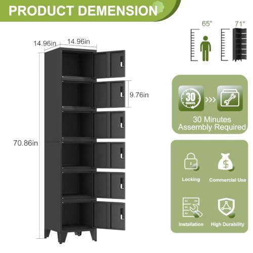 Image of 6 Tier Metal Storage Locker, 70.86 inch Narrow Vertical Steel File Cabinet