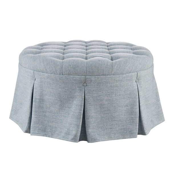 Martha Stewart Cocktail Ottoman for Living Room Fully Upholstered, Button Tufted Round Ottoman Footrest, Pleated Skirt, Extra Seating Bedroom Ottoman Furniture Decor, Terry, 32" W, Light Blue by Martha Stewart - Image 3