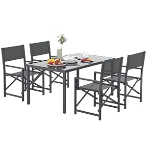 Outsunny Sitzgruppe 5-teilig Essgruppe Stahl für 4 Personen Esstisch mit 4 klappbar Stühlen Esszimmergruppe mit Glastisch Küchentisch-Set Balkonmöbel Gartenmöbel für Terrasse, Balkon Grau