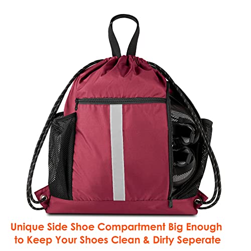 Image of BeeGreen Gym Sack Drawstring Bag Sports String Backpack with Shoe Compartment and Two Water Bottle Holder for Unisex Men Women Heavy Duty Cinch Sackpack