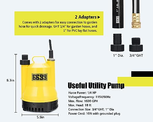 Image of Submersible Water Pump 1 /4 HP 1600GPH Thermoplastic Utility Pump Electric Portable Transfer Water Pump with 10-Foot Cord for Pool Tub Garden Pond Draining