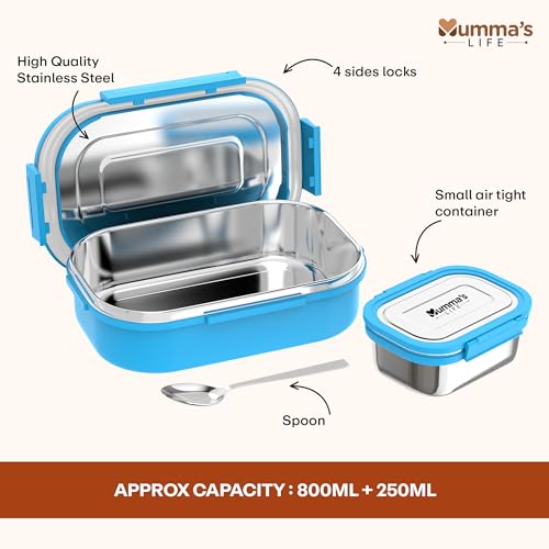 Image of Mumma's LIFE Stainless Steel Tiffin Box with 4 Side Lock Lid, 910 ml and Inner Stainless Steel Container, 135 ml, Food Grade | Air Tight | Easy to Carry | Leak Proof (Kiddy Lunch Box Blue)
