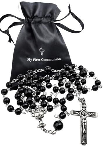 Westmon Works First Communion Rosary Set with Black Glass Beads Metal Crucifix and Chalice Centerpiece Catholic Prayer Necklace in a Keepsake Gift Bag for Him