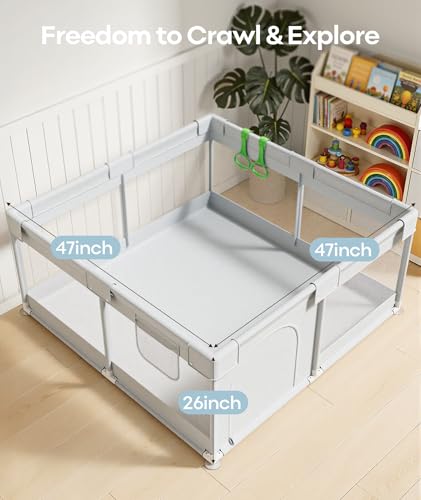 Image of Fodoss Baby Playpen for Babies and Toddlers, 50x50in Small Play Pen, Grey | Breathable Mesh Play Yard for Indoor & Outdoor, Sturdy Safety Play Area with Pull-Up Rings