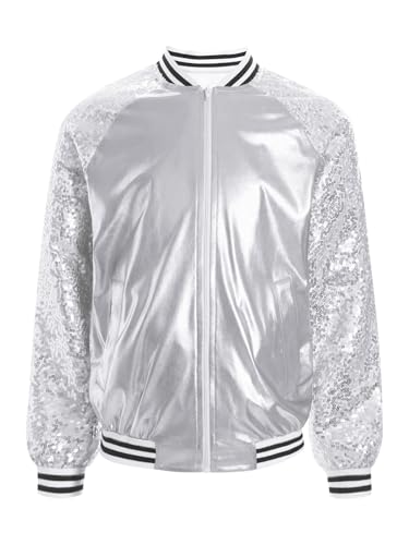 Kids Girls Metallic Sequins Baseball Jacket Long Sleeve Zipper Coat Outerwear for Hip Hop Performance3