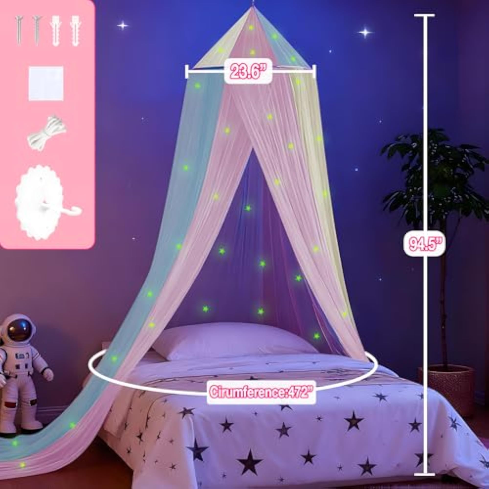 Rainbow Bed Canopy for Girls with Glowing Stars