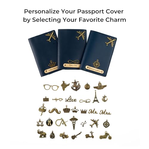 Image of AICA Personalised Name & Charm Leather Passport Cover Holder for Men & Women (NavyBlue) | Birthday Gifts for Men