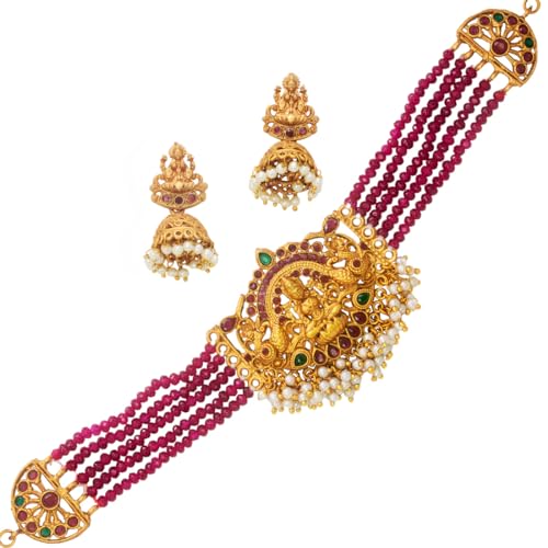 Image of Kollam Supreme Ethnic Matte Gold Plated Lakshmi Ruby Emerald Choker Set For Women