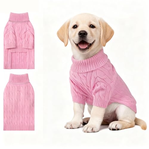 Image of Small Dog Thermal Pullover Sweater, Classic Turtleneck Cable Knitwear Dog Clothes for Cold Weather Warm Pet Clothes for Chihuahua, Bulldog, Dachshund, Pug Pink X-Large