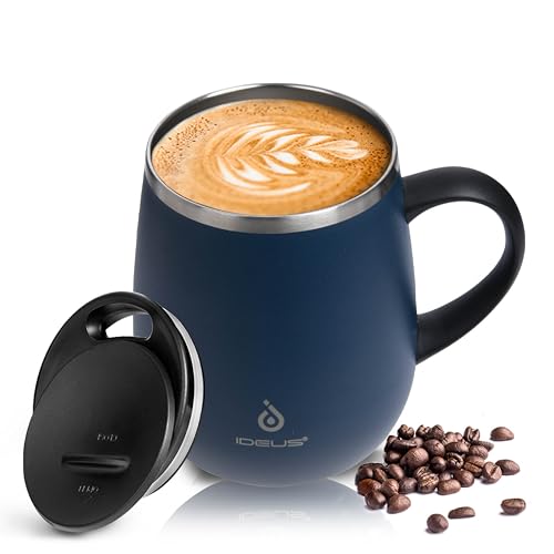 IDEUS 16 oz Insulated Coffee Mug with Handle and Lid, Double Wall Stainless Steel Vacuum Insulated Tumbler Cup, Travel Coffee Cup