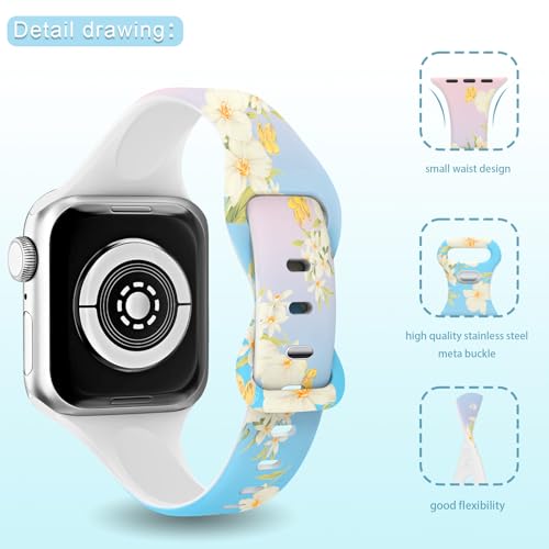 Image of Sport Band Floral Printed Compatible with Apple Watch Bands 49mm 46mm 45mm 44mm 42mm 41mm 40mm 38mm Women, Silicone Flower Printed Fadeless Pattern Design Strap for iWatch Series10 9 8 7 6 5 4 3 2 1SE