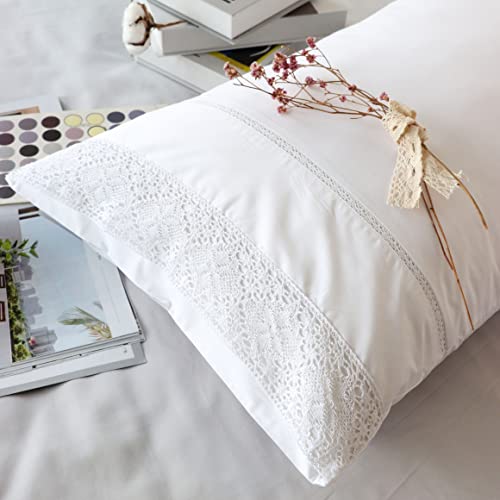Ranznaz White Lace Pillowcases Standard Size Set Of 2, 100% Cotton White Eyelet Pillow Shams, Elegent Farmhouse Envelope Closure Pillow Cover For Bedding cover