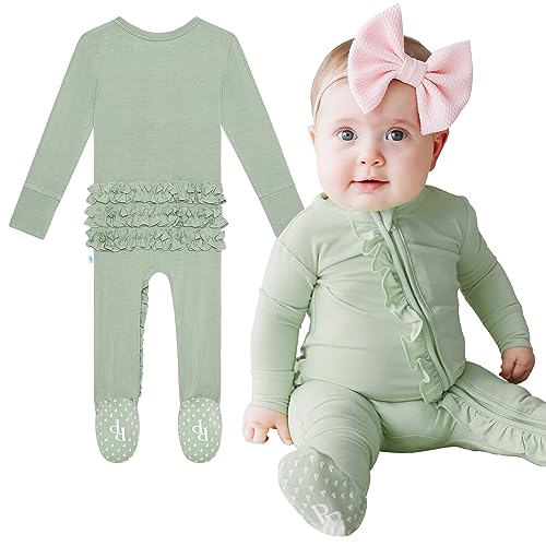 Image of Posh Peanut Footie Pajamas for Baby Girls – Sleepers in Ultra-Soft Viscose from Bamboo with 2-Way Zipper & Ruffle Trim – Newborn to Toddler Sleepwear (Sage, 3-6 Months)