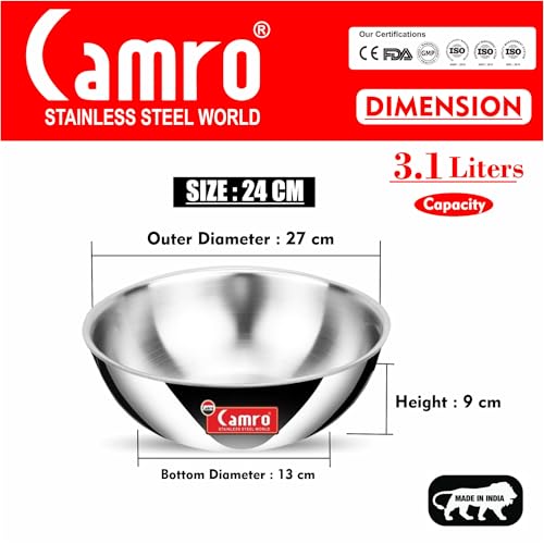 Image of Camro Triply Artisian Tasla 24 Cm, 3.1 Liters | Stainless Steel Induction Friendly | 3-Layer Body, Dishwasher Safe | 6 Years Warranty