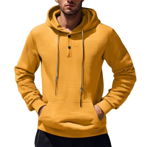 Mens Button Up Hooded Sweatshirts Casual Lightweight Drawstring Henley Pullover Hoodies Jacquard Textured Shirts