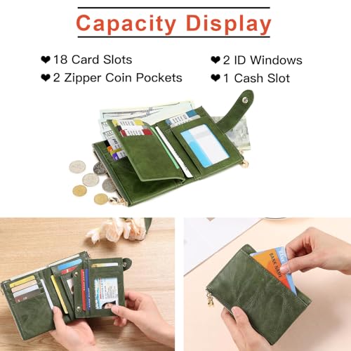 Small Wallets for Women Leather RFID Blocking Bifold Double Zipper Pockets Wallet Card Case Purse with 2 ID Windows4