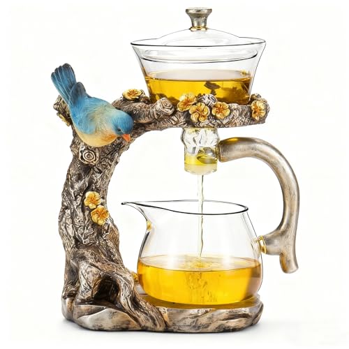 Lazy Kungfu Glass Tea Set Heat Resistant Semi Automatic Drip Rotating with Infuser Magnetic Teapot Set for Gongfu Tea Making Ideal (Blue Bird)