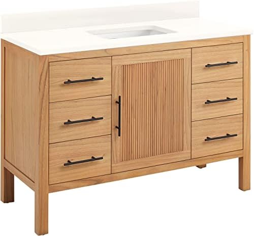 Signature Hardware 481795 Ayanna 48" Free Standing Single Vanity Set with Mindi Wood Cabinet, Vanity Top and Rectangular Undermount Vitreous China Sink - Natural Mindi/Arctic White