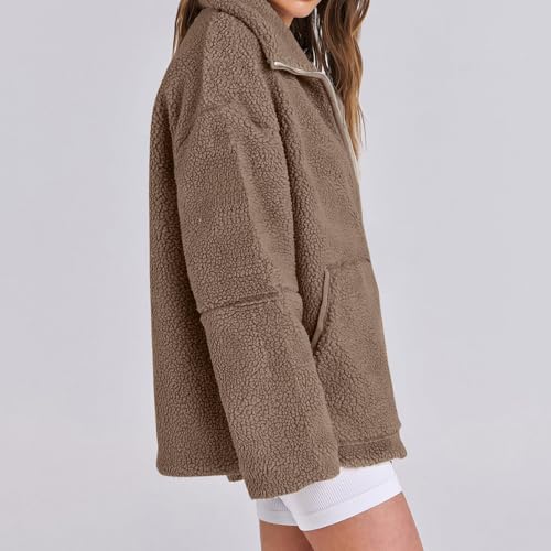 Womens Fuzzy Sherpa Fleece Jacket Oversized Zip Up Winter Coats Warm Stand Collar Outerwear Casual Coat with Pockets4