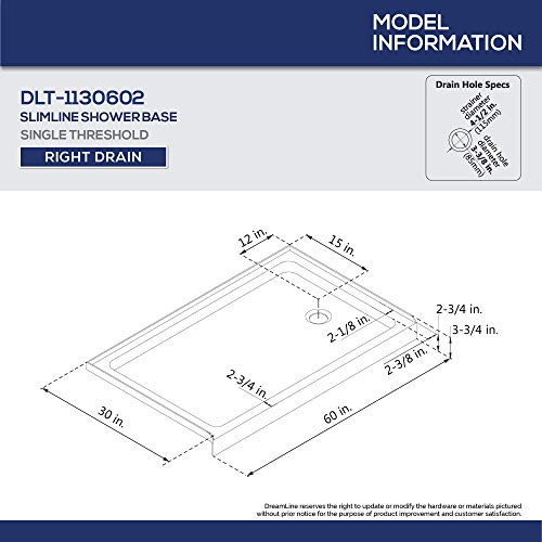Image of DreamLine SlimLine 30 in. D x 60 in. W x 2 3 /4 in. H Right Drain Single Threshold Shower Base in White, DLT-1130602