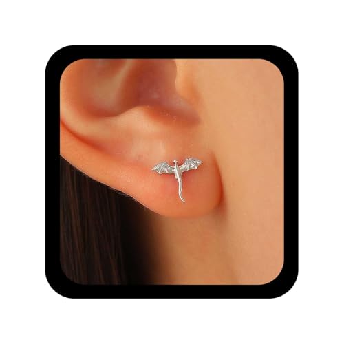 Cybche Gothic Tiny Dragon Statings Pendientes de dragón voladores Dragones Pendientes de plata Mini Parring de animales Joyas mínimas para mujeres